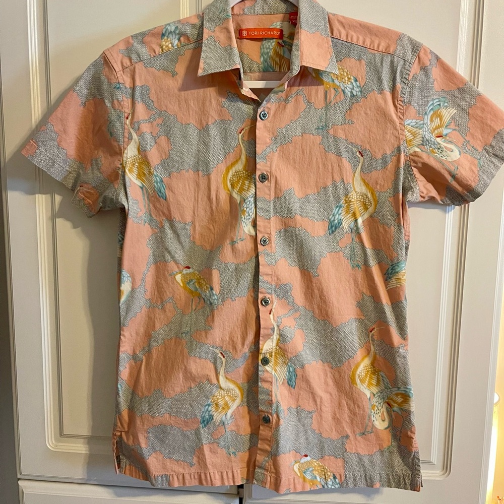 Tori Richard Short- sleeve collared shirt- red crested cranes with pink and blue